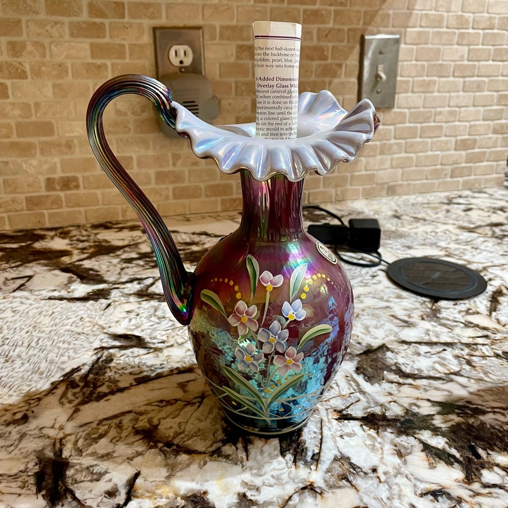 Iridescent Fenton Floral Vase with Handle
